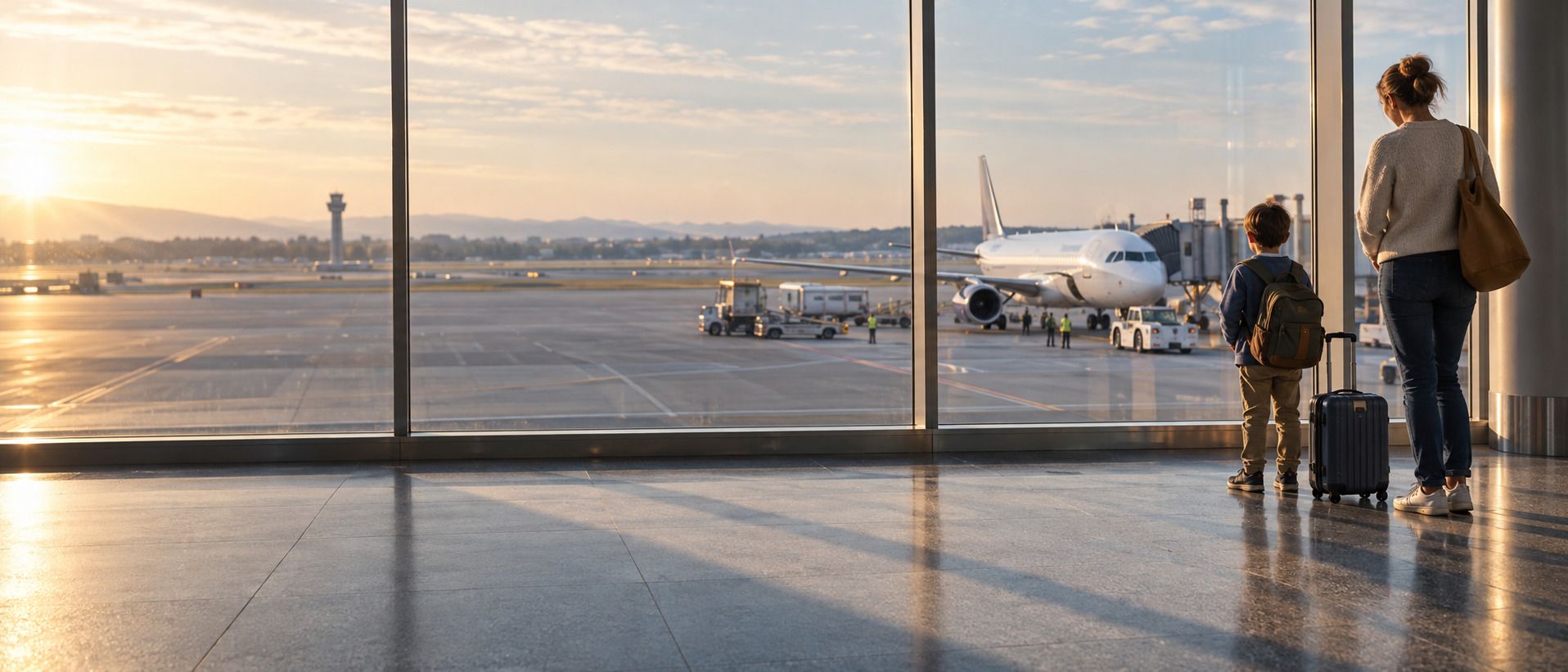 Una madre y su hijo, con mochila y maleta, miran un avión desde el ventanal de un aeropuerto al amanecer.